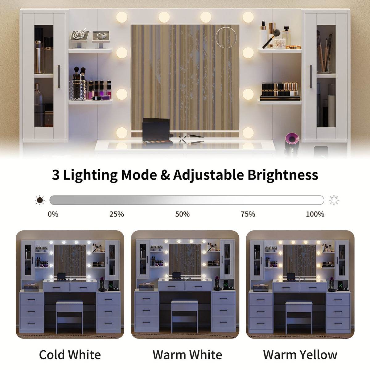 6-Drawer LED Mirror Vanity Desk - Vektaya - VektayaDesk