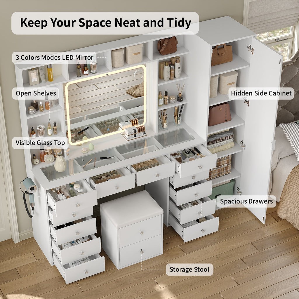 Yanosaku VD023 Vanity Desk with LED & Full-Length Mirror, 14 Drawers, 10 Shelves, White