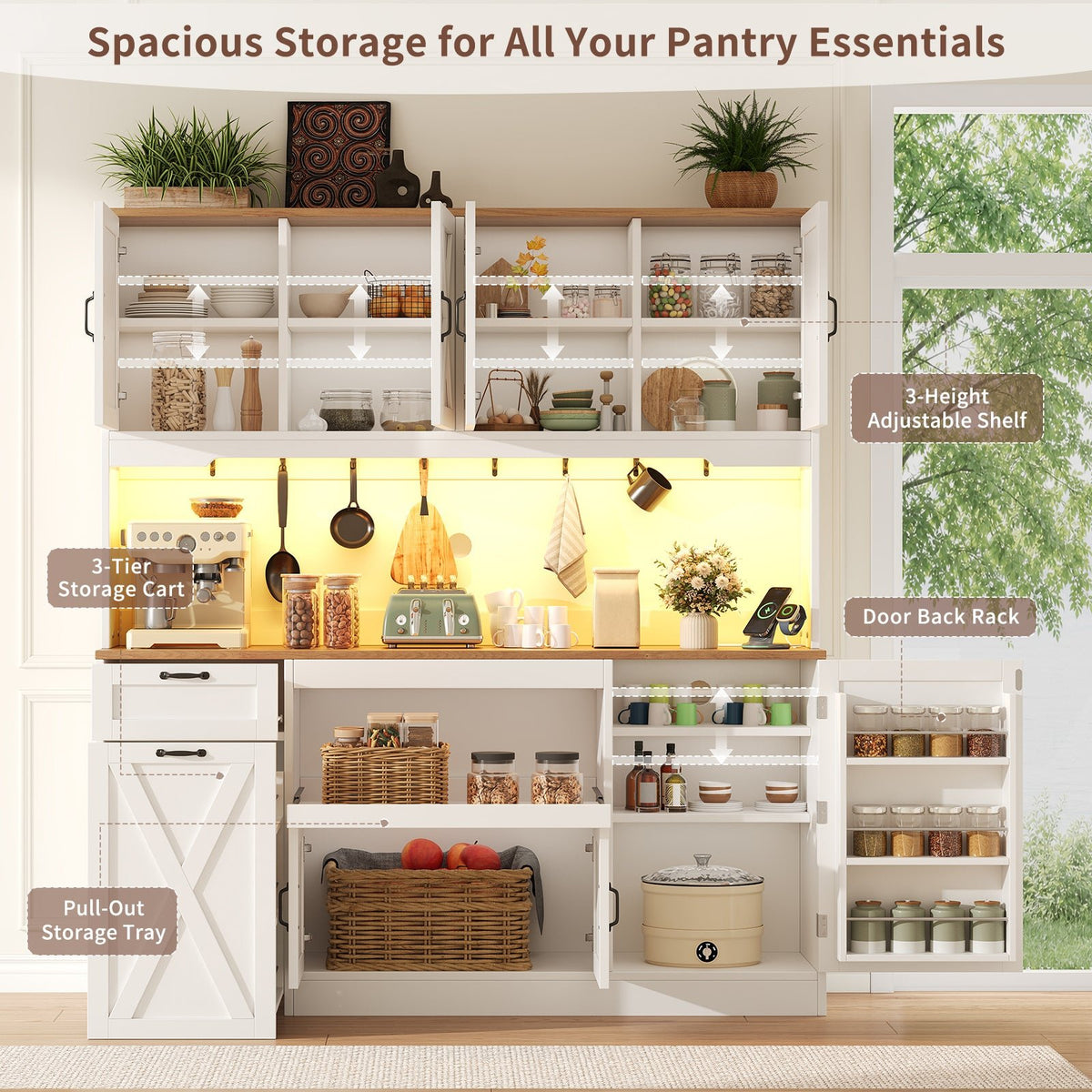 63"W Farmhouse Kitchen Pantry Cabinet, 70" Tall Hutch with RGB LED Lights, Charging Station, Pull-Out Tray & Rolling Cart, White - YanosakuUS-SC026-WE