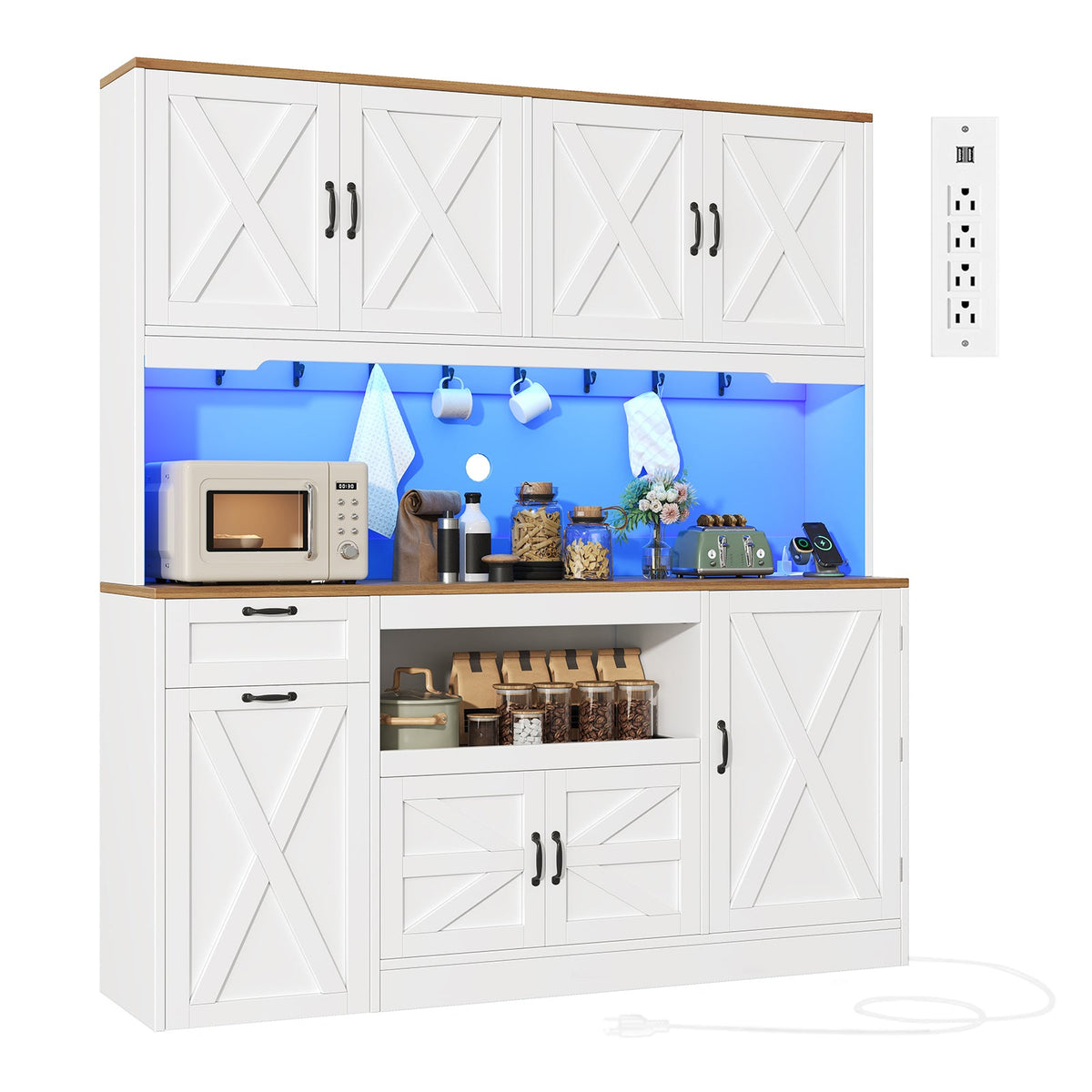 63"W Farmhouse Kitchen Pantry Cabinet, 70" Tall Hutch with RGB LED Lights, Charging Station, Pull-Out Tray & Rolling Cart, White - YanosakuUS-SC026-WE