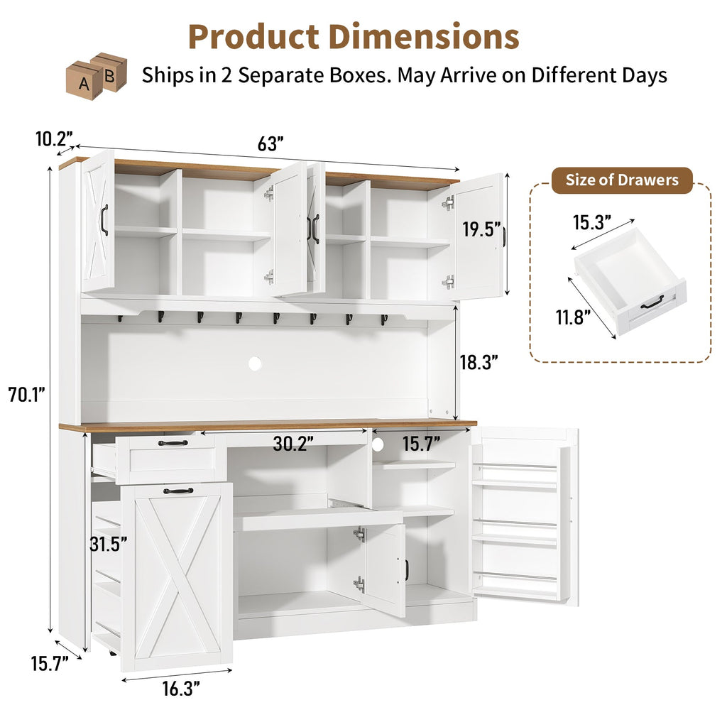 63"W Farmhouse Kitchen Pantry Cabinet, 70" Tall Hutch with RGB LED Lights, Charging Station, Pull-Out Tray & Rolling Cart, White - YanosakuUS-SC026-WE