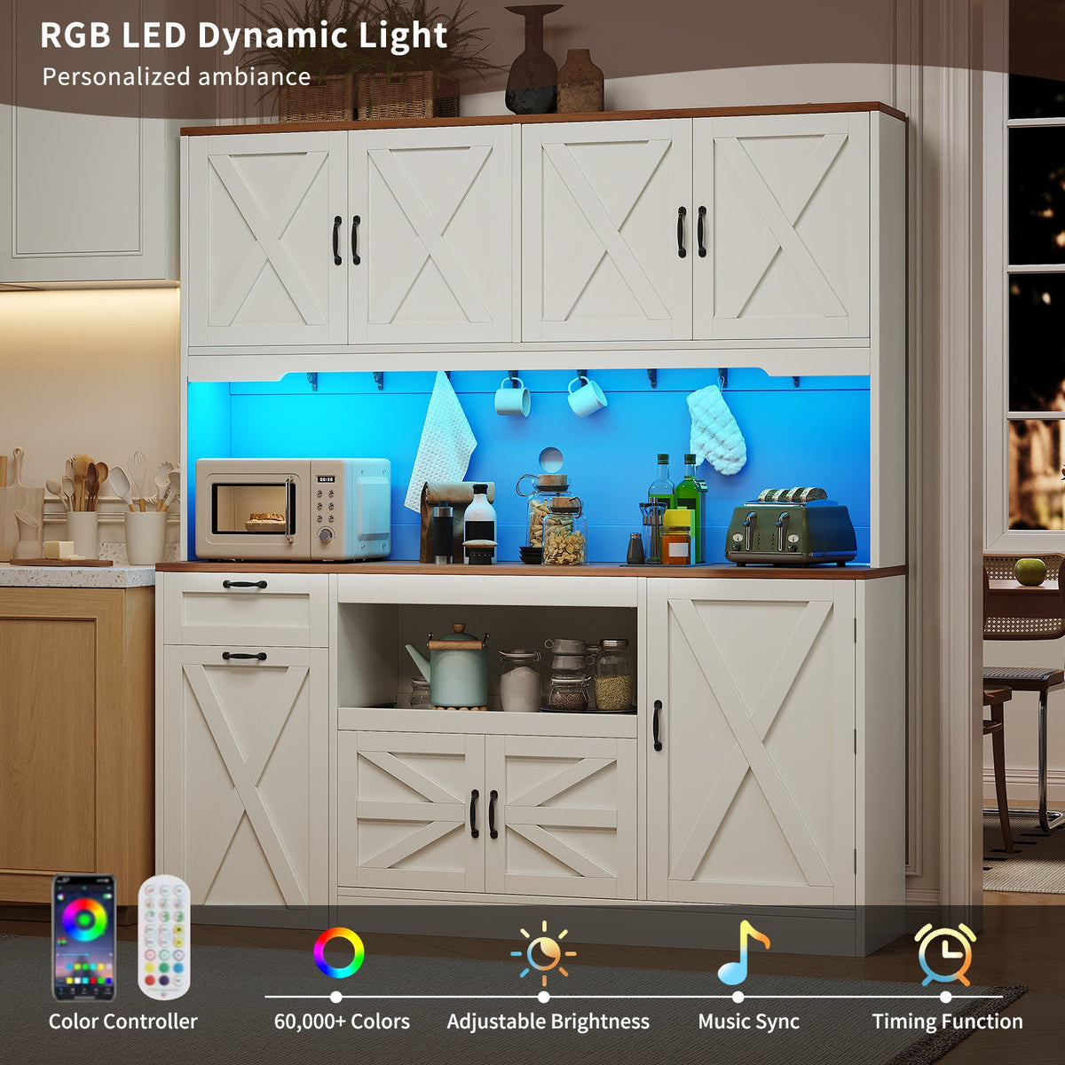 63"W Farmhouse Kitchen Pantry Cabinet, 70" Tall Hutch with RGB LED Lights, Charging Station, Pull-Out Tray & Rolling Cart, White - YanosakuUS-SC026-WE