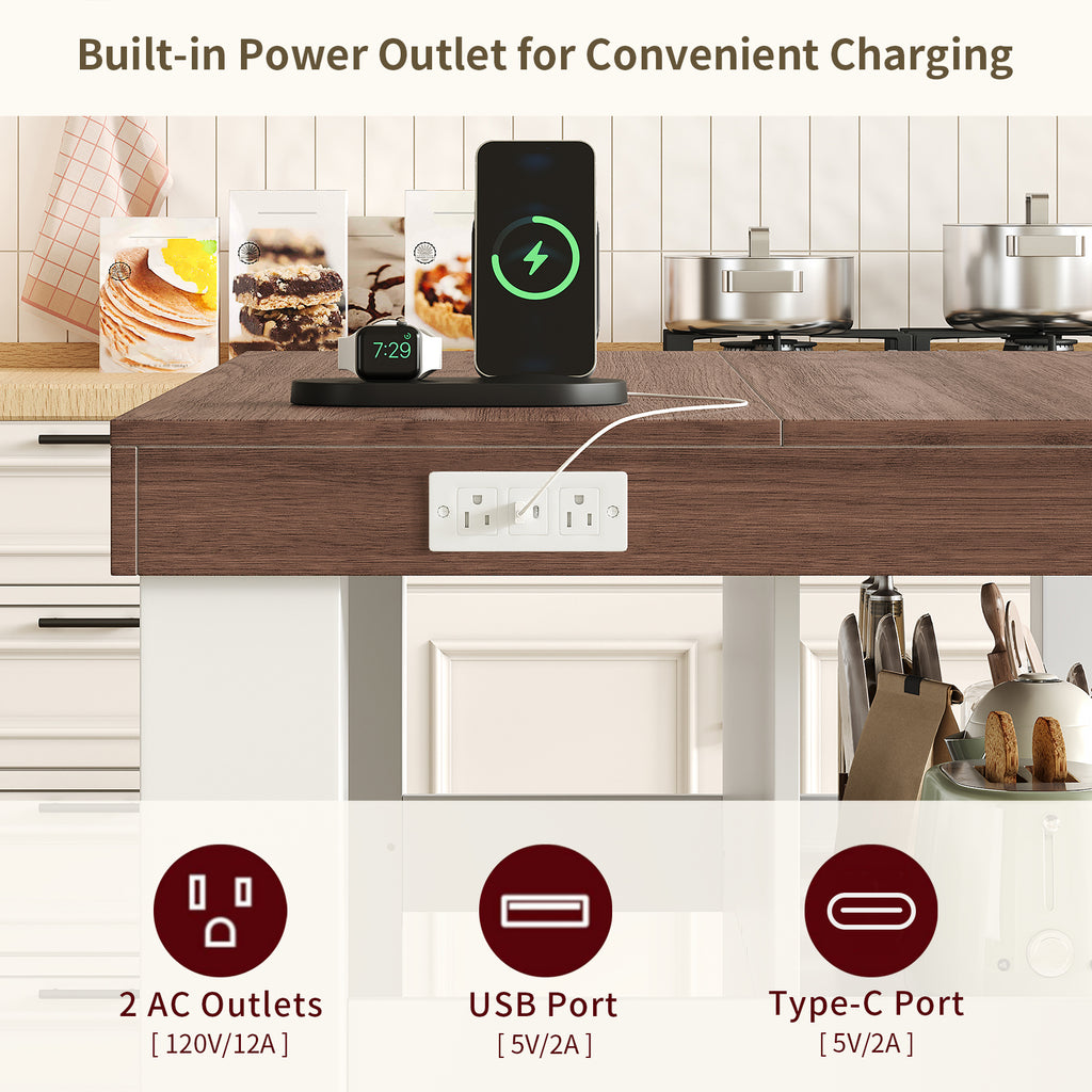 55" W Kitchen Island with Storage & Seating, Farmhouse Kitchen Island Table with Power Outlets, Open Shelves & Large Countertop, 3-Tier Coffee Bar, Walnut & White