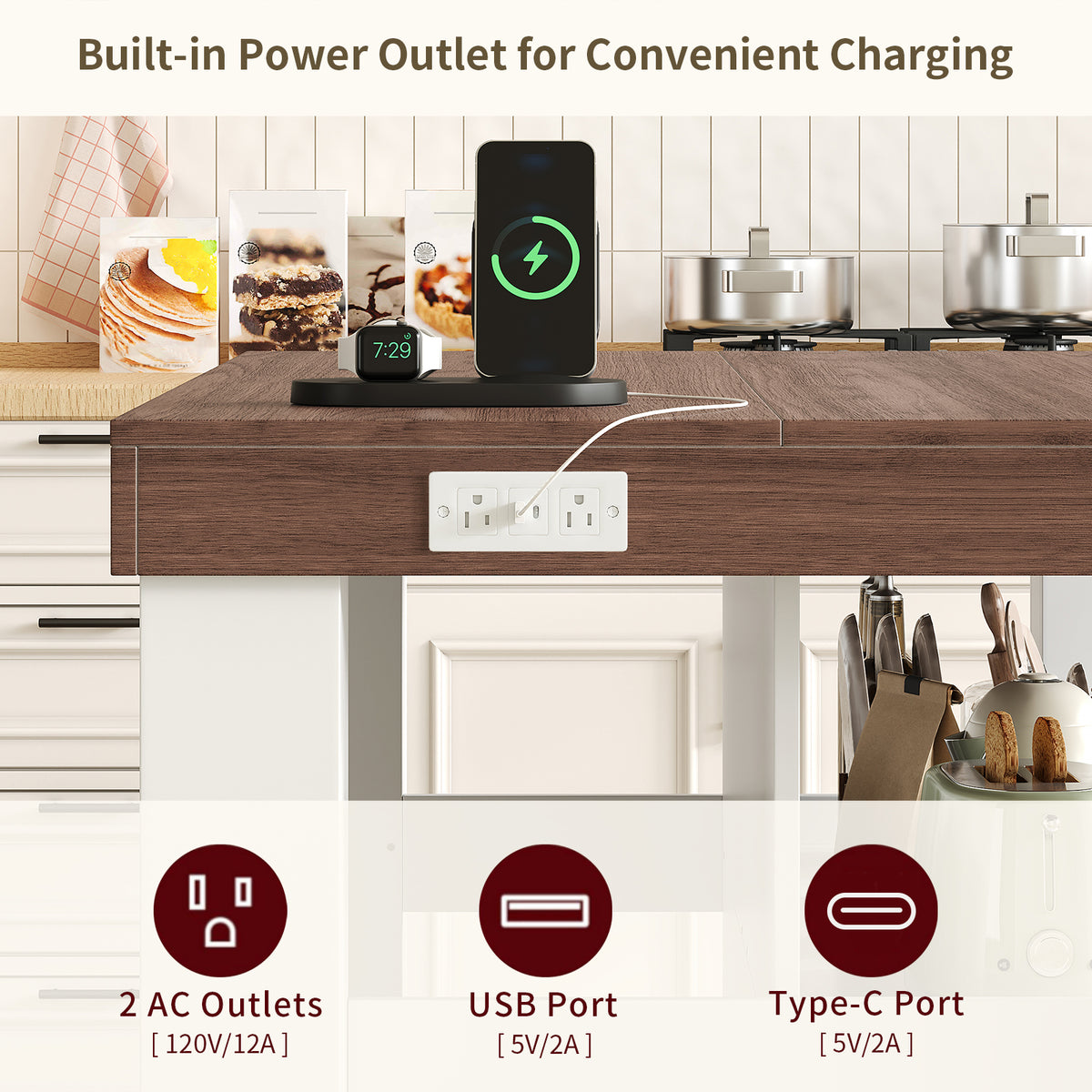 55" W Kitchen Island with Storage & Seating, Farmhouse Kitchen Island Table with Power Outlets, Open Shelves & Large Countertop, 3-Tier Coffee Bar, Walnut & White