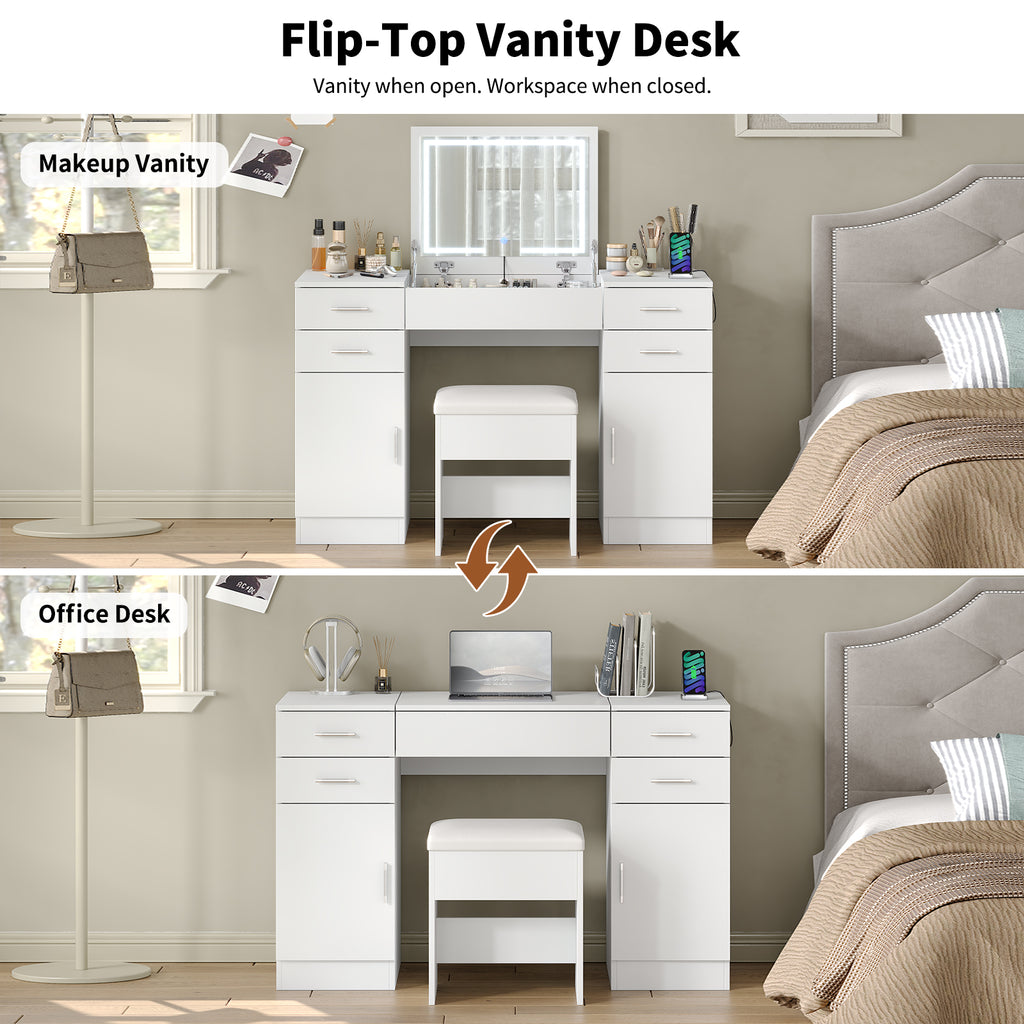 47.2" Flip Top Makeup Vanity Desk with LED Mirror, Power Outlet, 4 Drawers, 2 Cabinets & Stool, White