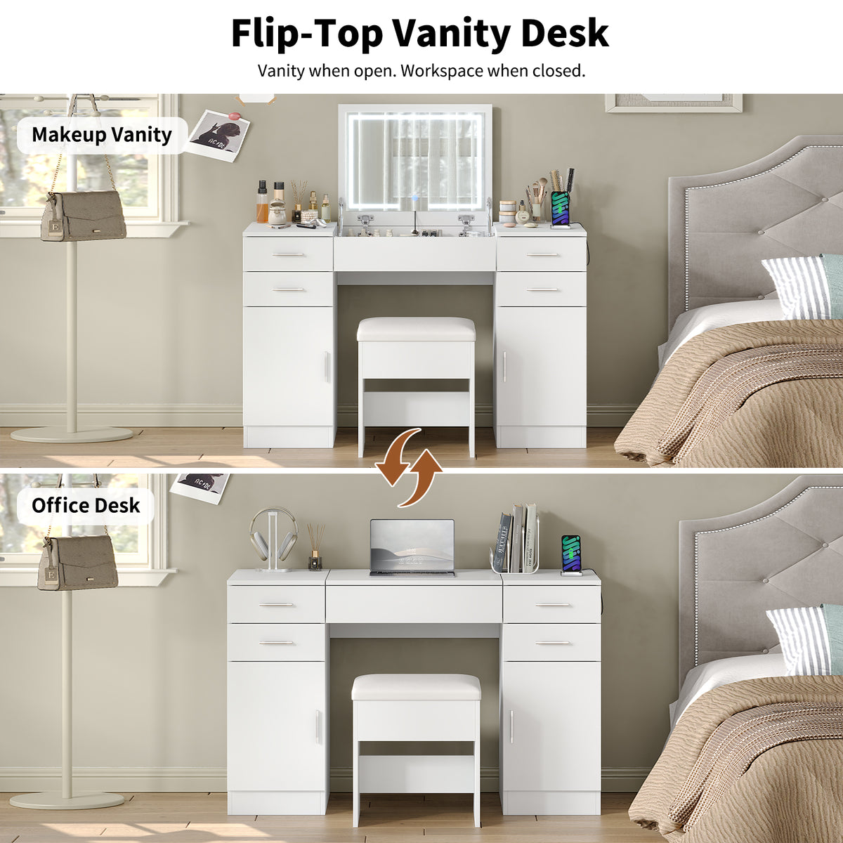 47.2" Flip Top Makeup Vanity Desk with LED Mirror, Power Outlet, 4 Drawers, 2 Cabinets & Stool, White