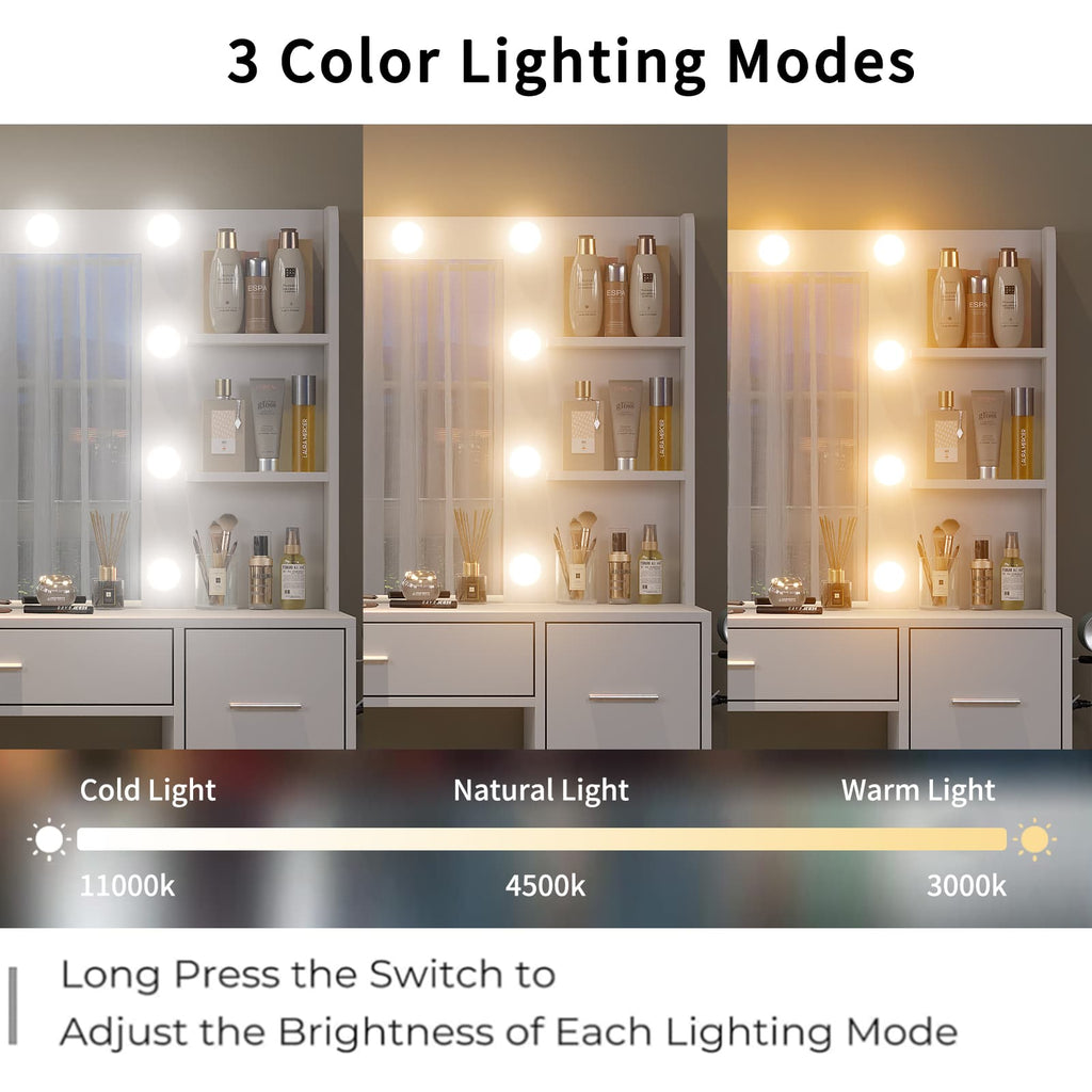 Yanosaku VD024 Vanity Desk with Mirror, LED Lights & Charging Station, 7 Drawers Storage