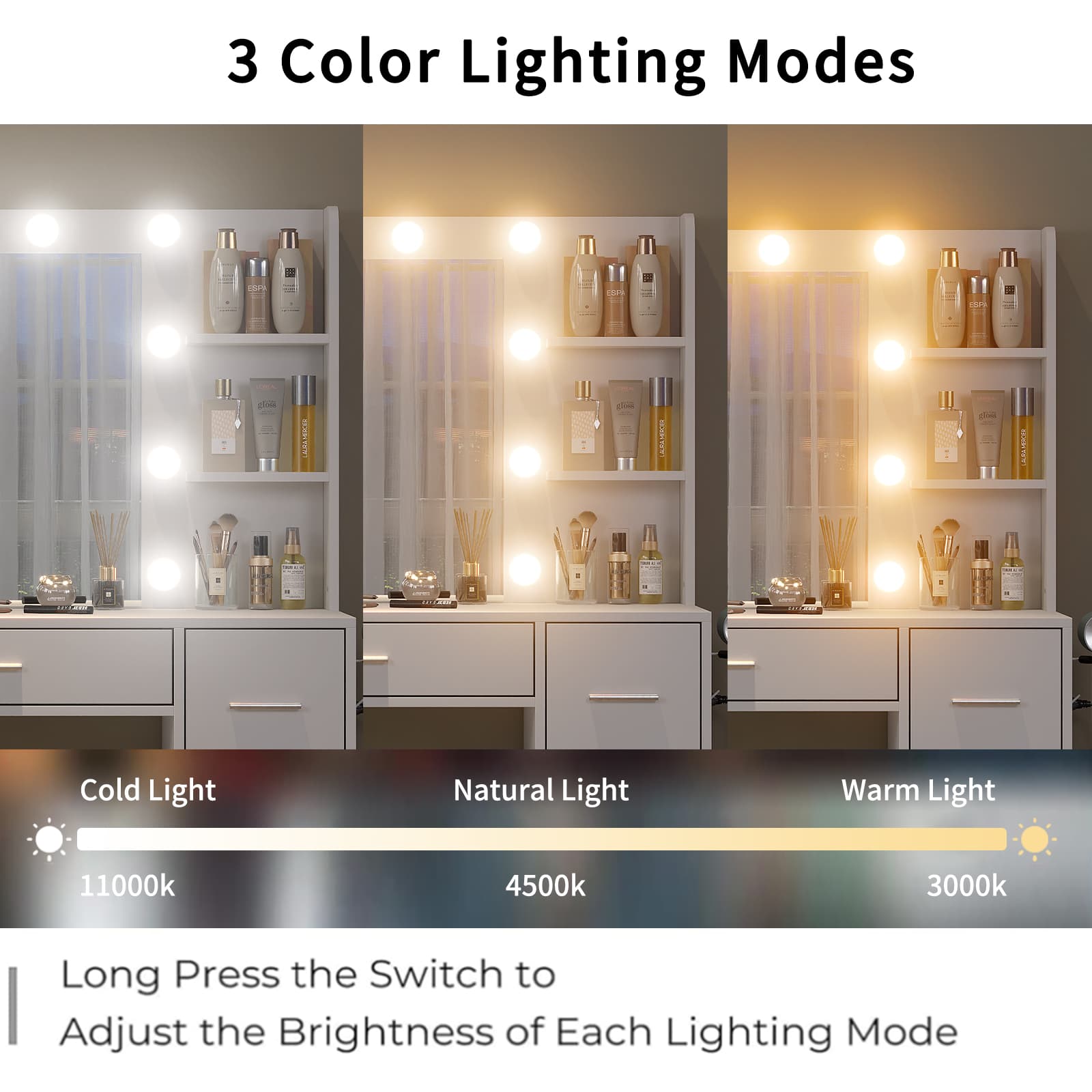 Yanosaku VD024 Vanity Desk with Mirror, LED Lights & Charging Station, 7 Drawers Storage