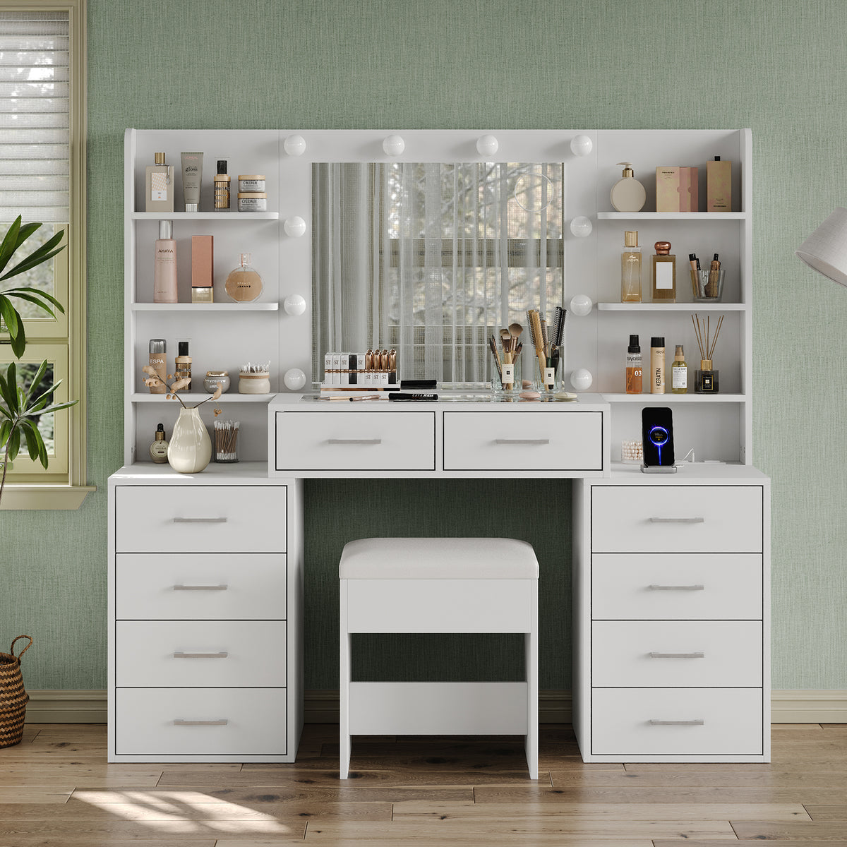 59" W Large Makeup Vanity Desk with LED Mirror, 8 Drawers & 2 Cabinets, Glass Top, Power Outlet, 3-Color Dimmable Lights & Chair for Bedroom