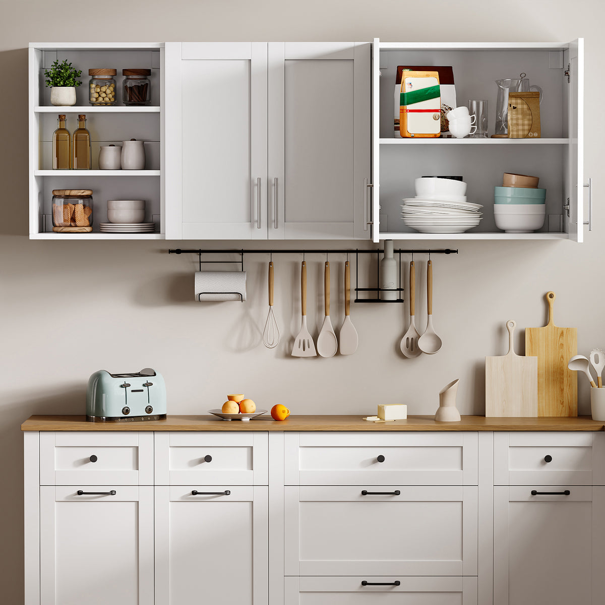 White Wall-Mounted Storage Cabinet with Doors & Adjustable Shelves, Wooden Laundry Room, Kitchen & Bathroom Cabinet