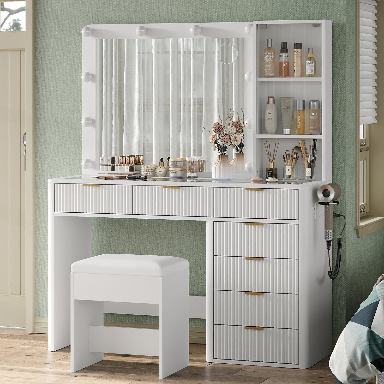 VD013 Bedroom Makeup Vanity desk with LED Mirror, 7 Drawers