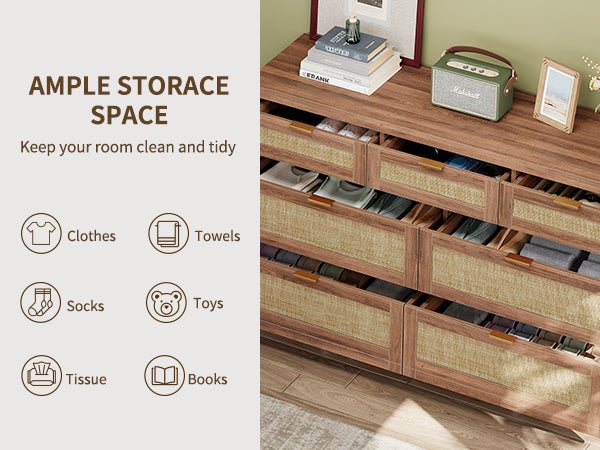 7 Drawers Dresser for Bedroom, 57” Rattan Dresser with Ample Storage- Vektaya - VektayaDresserDS014