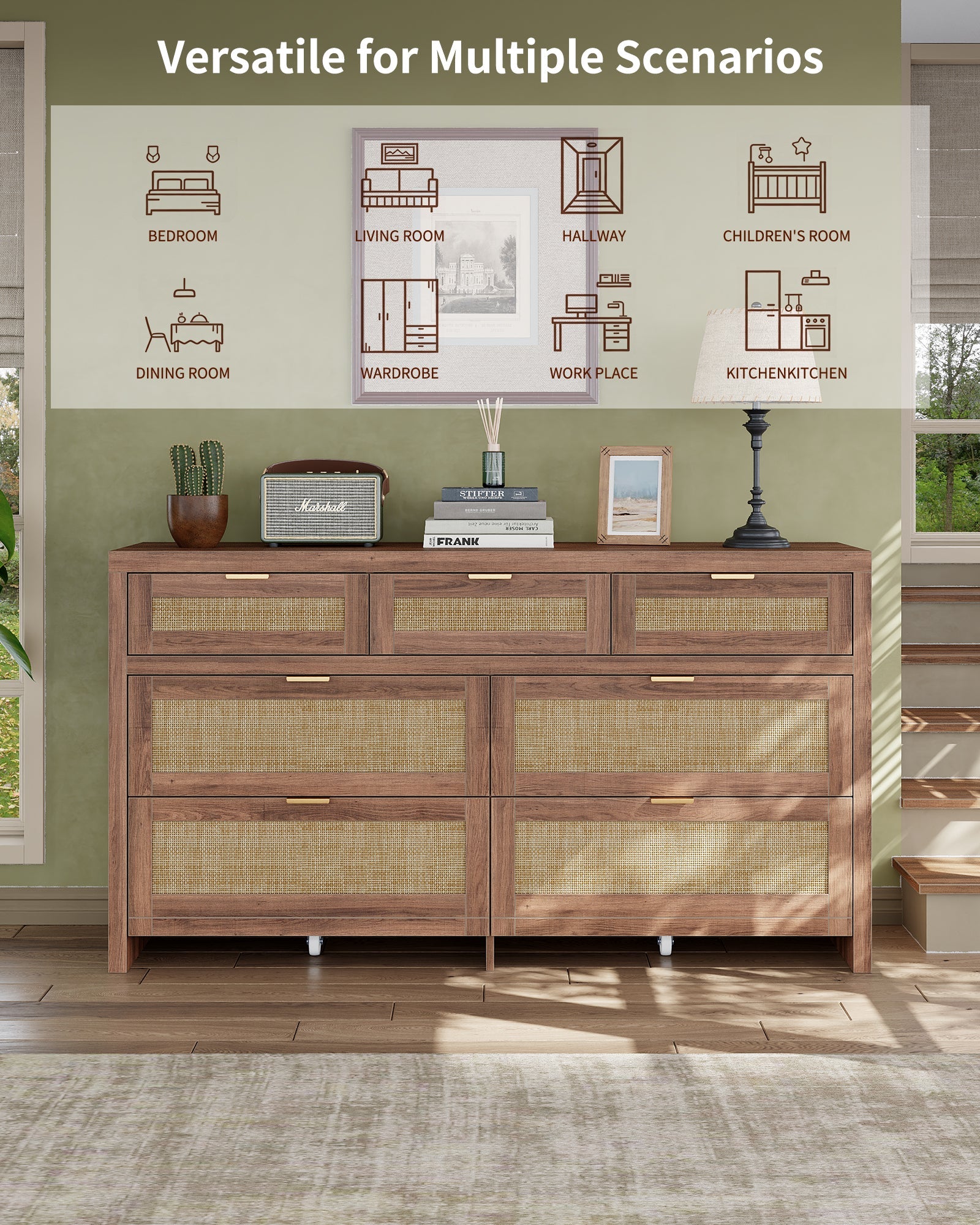 7 Drawers Dresser for Bedroom, 57” Rattan Dresser with Ample Storage- Vektaya - VektayaDresserDS014