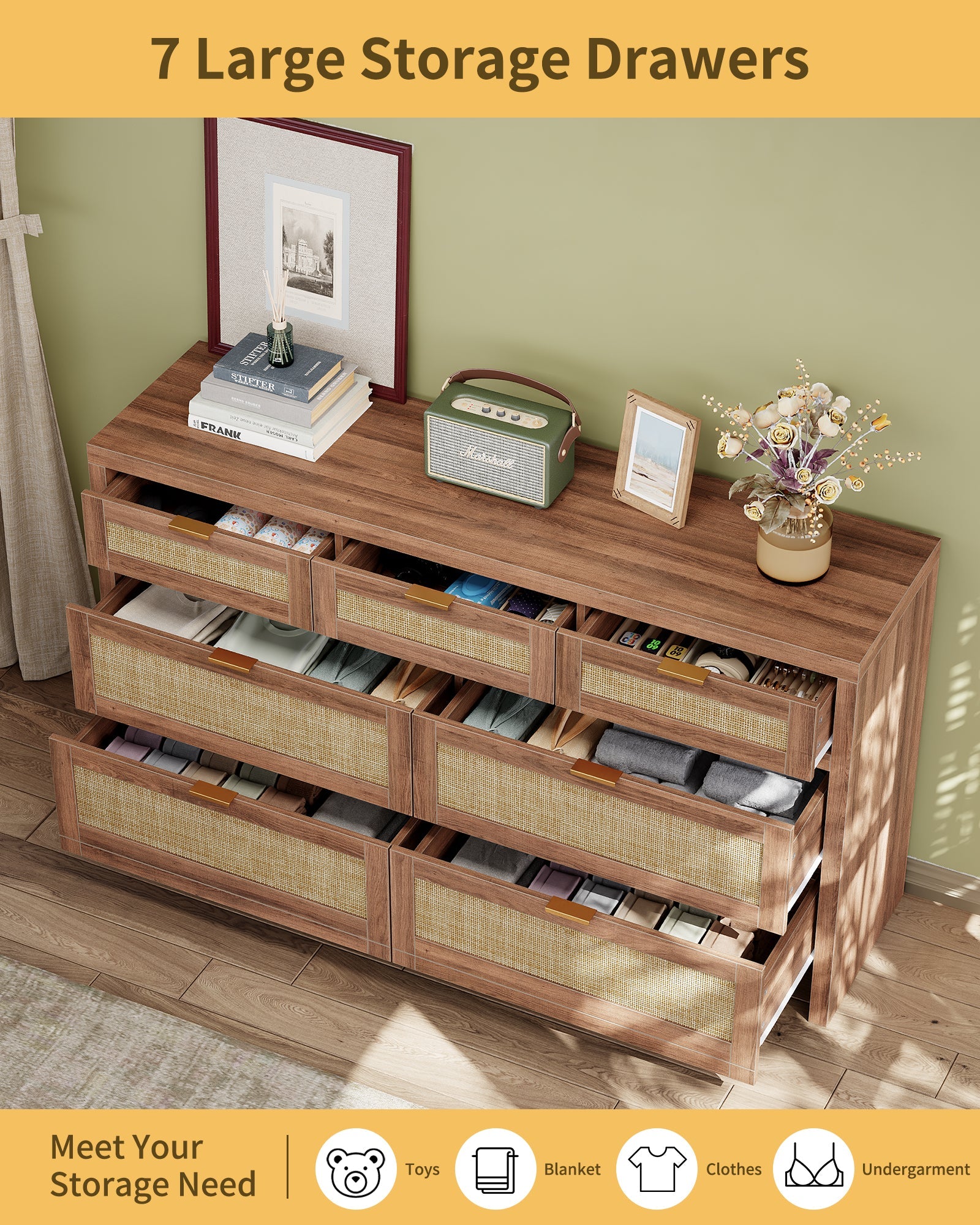 7 Drawers Dresser for Bedroom, 57” Rattan Dresser with Ample Storage- Vektaya - VektayaDresserDS014