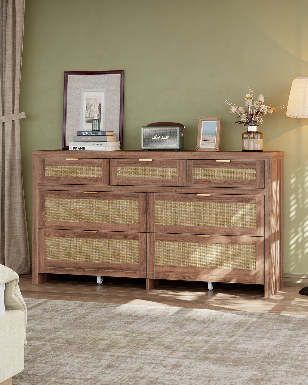 7 Drawers Dresser for Bedroom, 57” Rattan Dresser with Ample Storage- Vektaya - VektayaDresserDS014