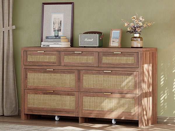 7 Drawers Dresser for Bedroom, 57” Rattan Dresser with Ample Storage- Vektaya - VektayaDresserDS014