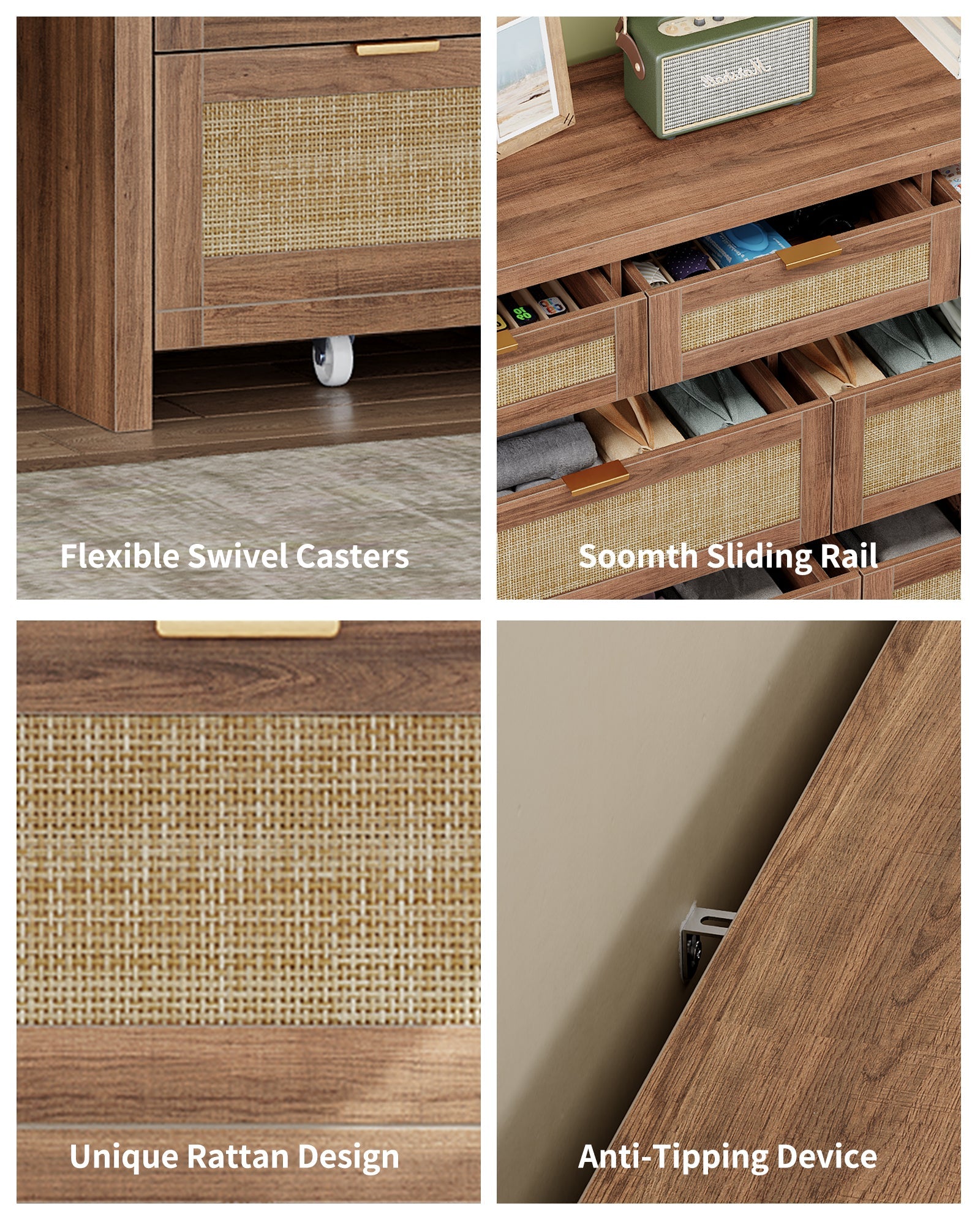 7 Drawers Dresser for Bedroom, 57” Rattan Dresser with Ample Storage- Vektaya - VektayaDresserDS014