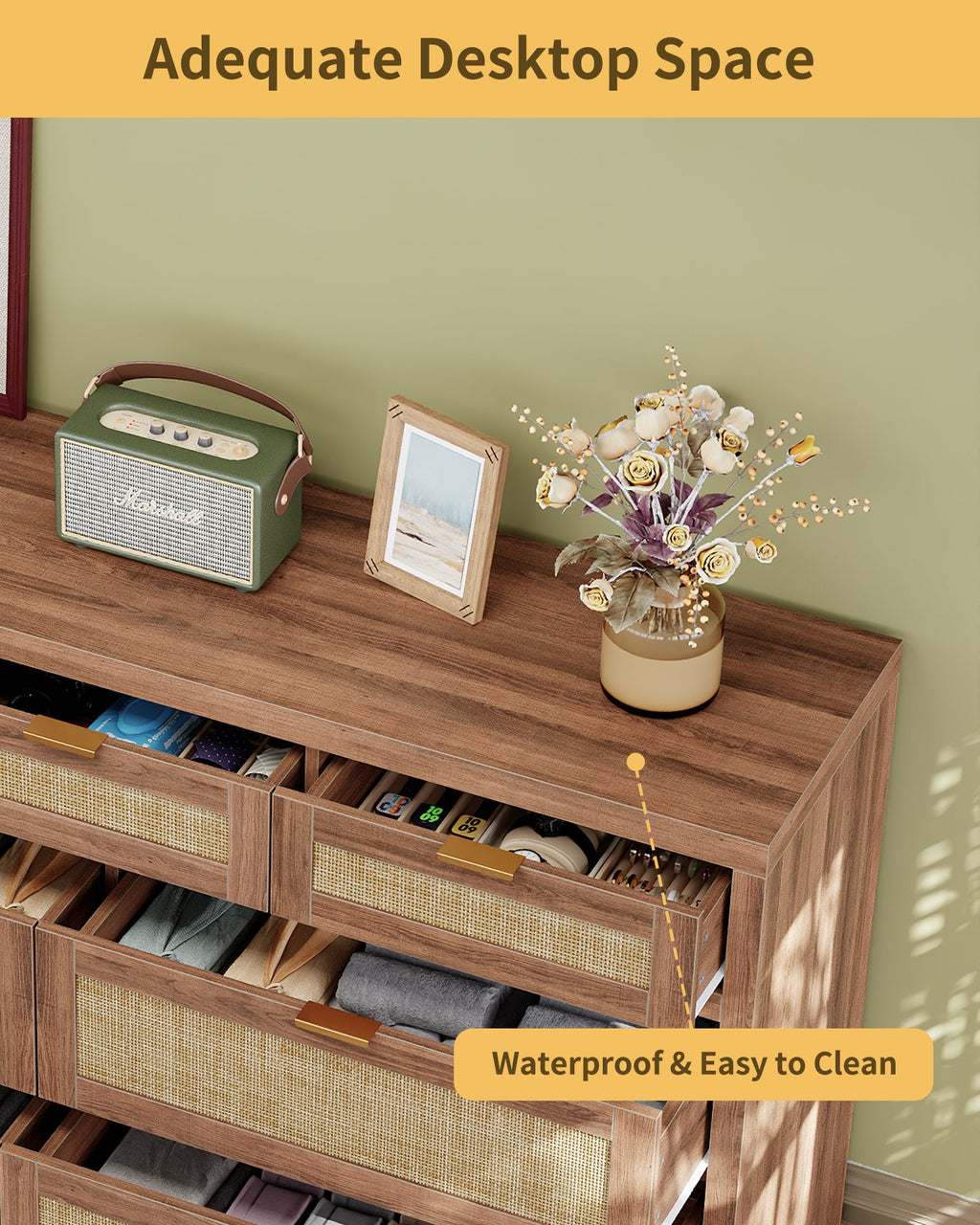 7 Drawers Dresser for Bedroom, 57” Rattan Dresser with Ample Storage- Vektaya - VektayaDresserDS014