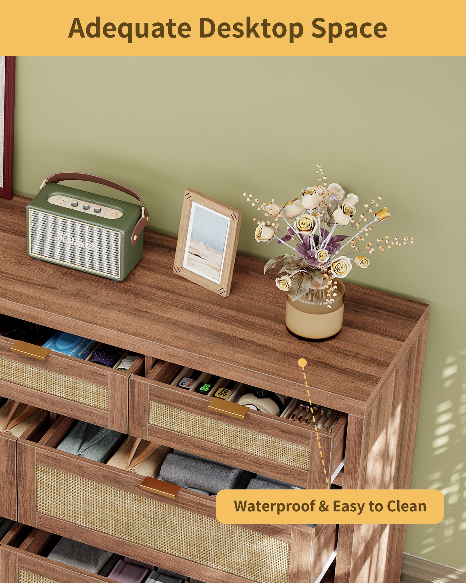 7 Drawers Dresser for Bedroom, 57” Rattan Dresser with Ample Storage- Vektaya - VektayaDresserDS014