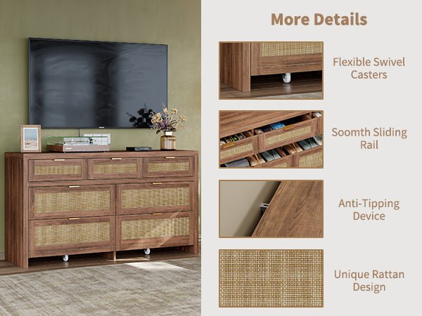 7 Drawers Dresser for Bedroom, 57” Rattan Dresser with Ample Storage- Vektaya - VektayaDresserDS014