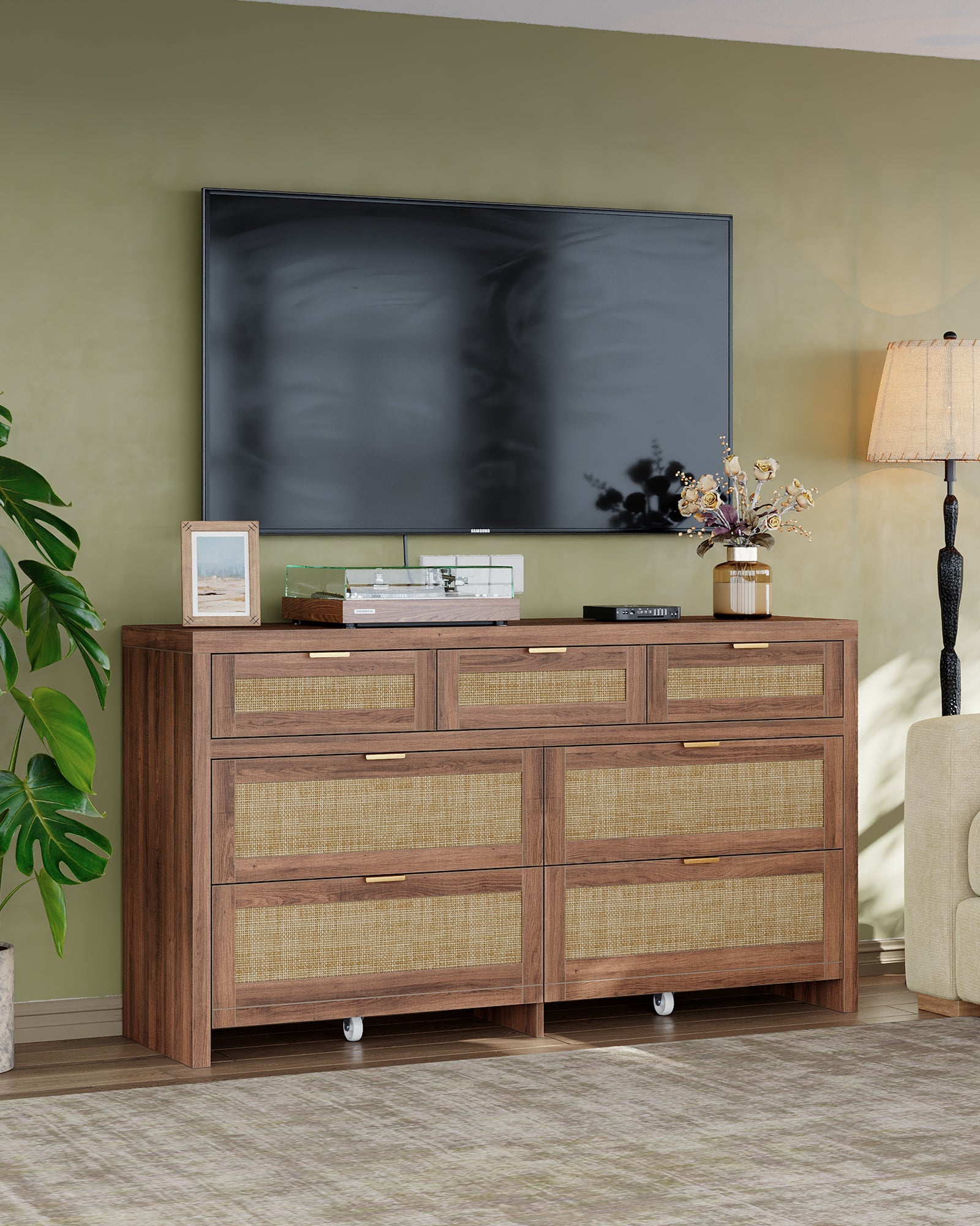 7 Drawers Dresser for Bedroom, 57” Rattan Dresser with Ample Storage- Vektaya - VektayaDresserDS014