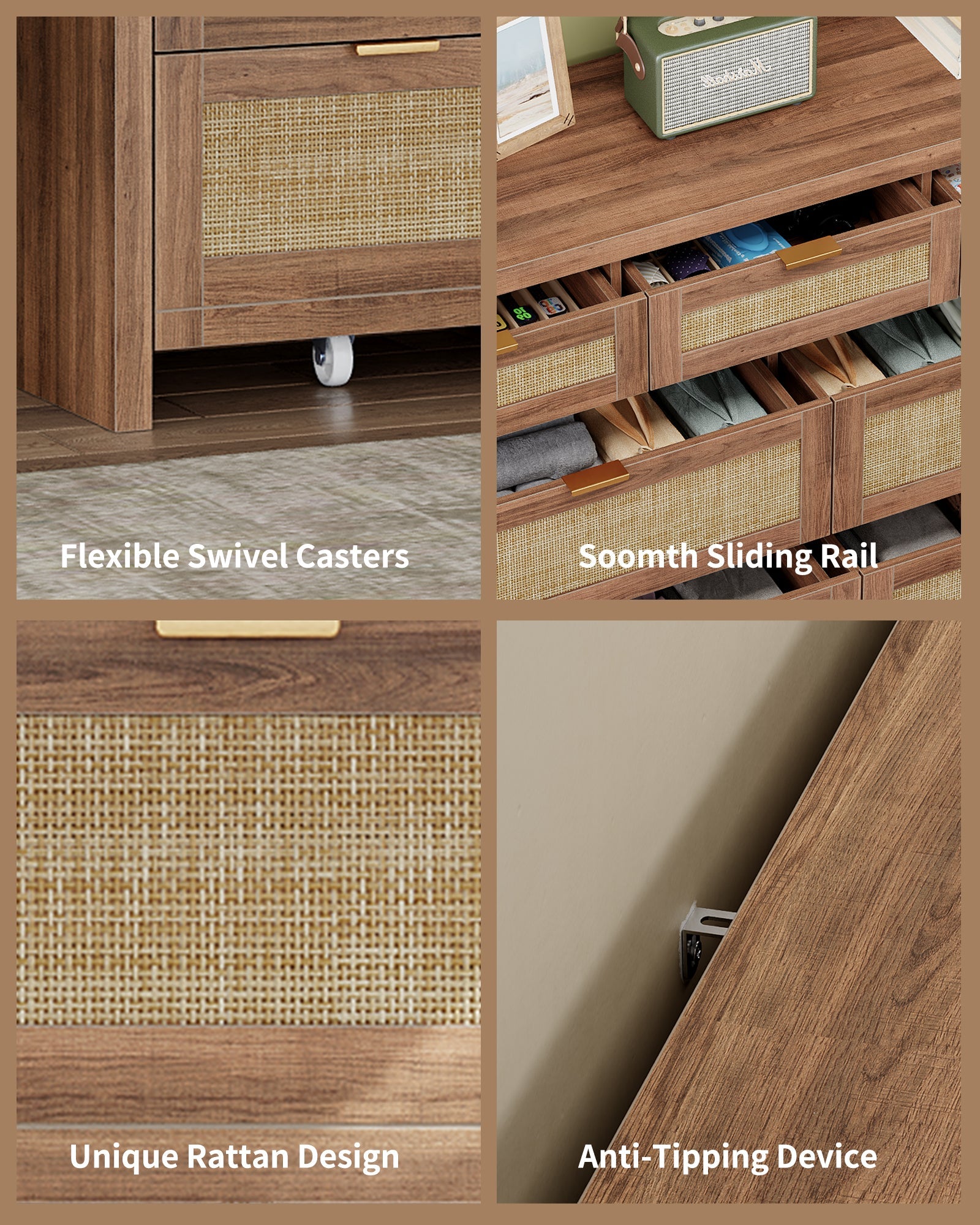 7 Drawers Dresser for Bedroom, 57” Rattan Dresser with Ample Storage- Vektaya - VektayaDresserDS014