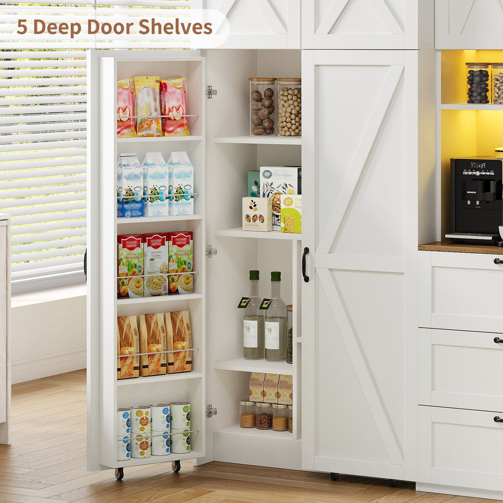 70" Farmhouse Coffee Bar Cabinet with Charging Station, LED Lights, Pull-Out Tray, Storage Cart, Drawers & Adjustable Shelves, White - YanosakuUS-SC030-WE