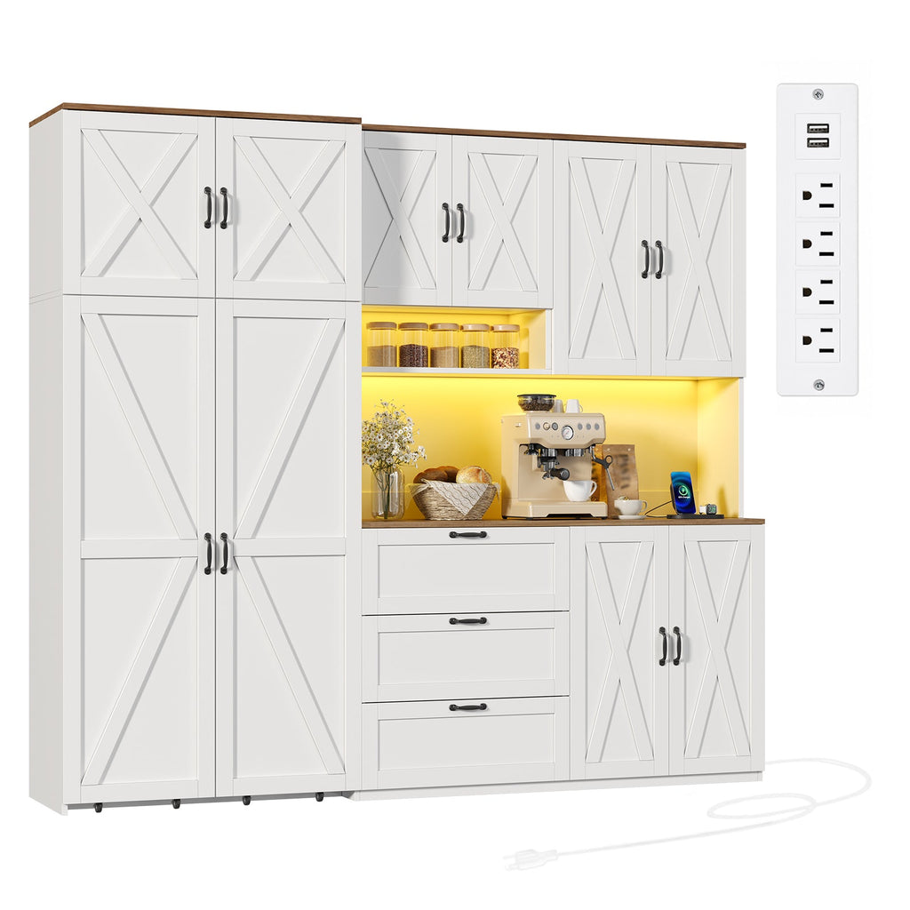 70" Farmhouse Coffee Bar Cabinet with Charging Station, LED Lights, Pull-Out Tray, Storage Cart, Drawers & Adjustable Shelves, White - YanosakuUS-SC030-WE