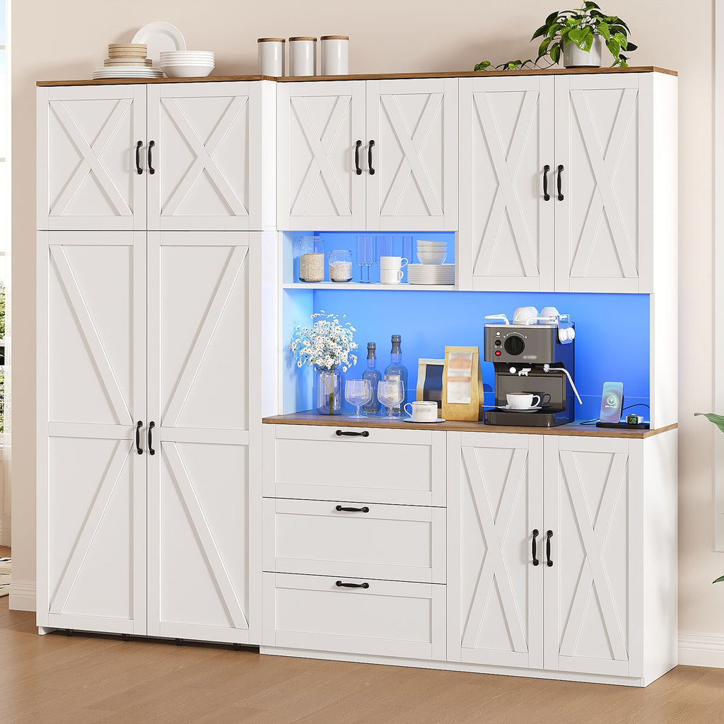 70" Farmhouse Coffee Bar Cabinet with Charging Station, LED Lights, Pull-Out Tray, Storage Cart, Drawers & Adjustable Shelves, White - YanosakuUS-SC030-WE