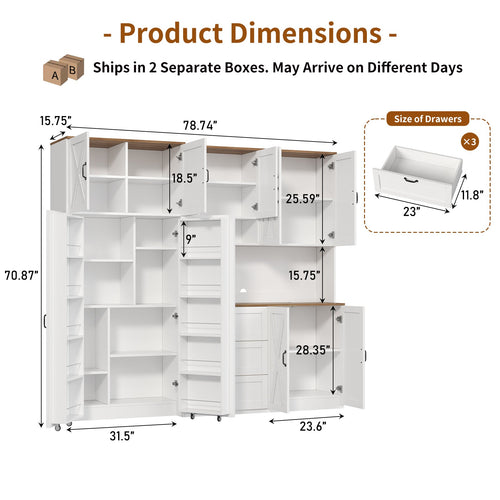 70" Farmhouse Coffee Bar Cabinet with Charging Station, LED Lights, Pull-Out Tray, Storage Cart, Drawers & Adjustable Shelves, White - YanosakuUS-SC030-WE