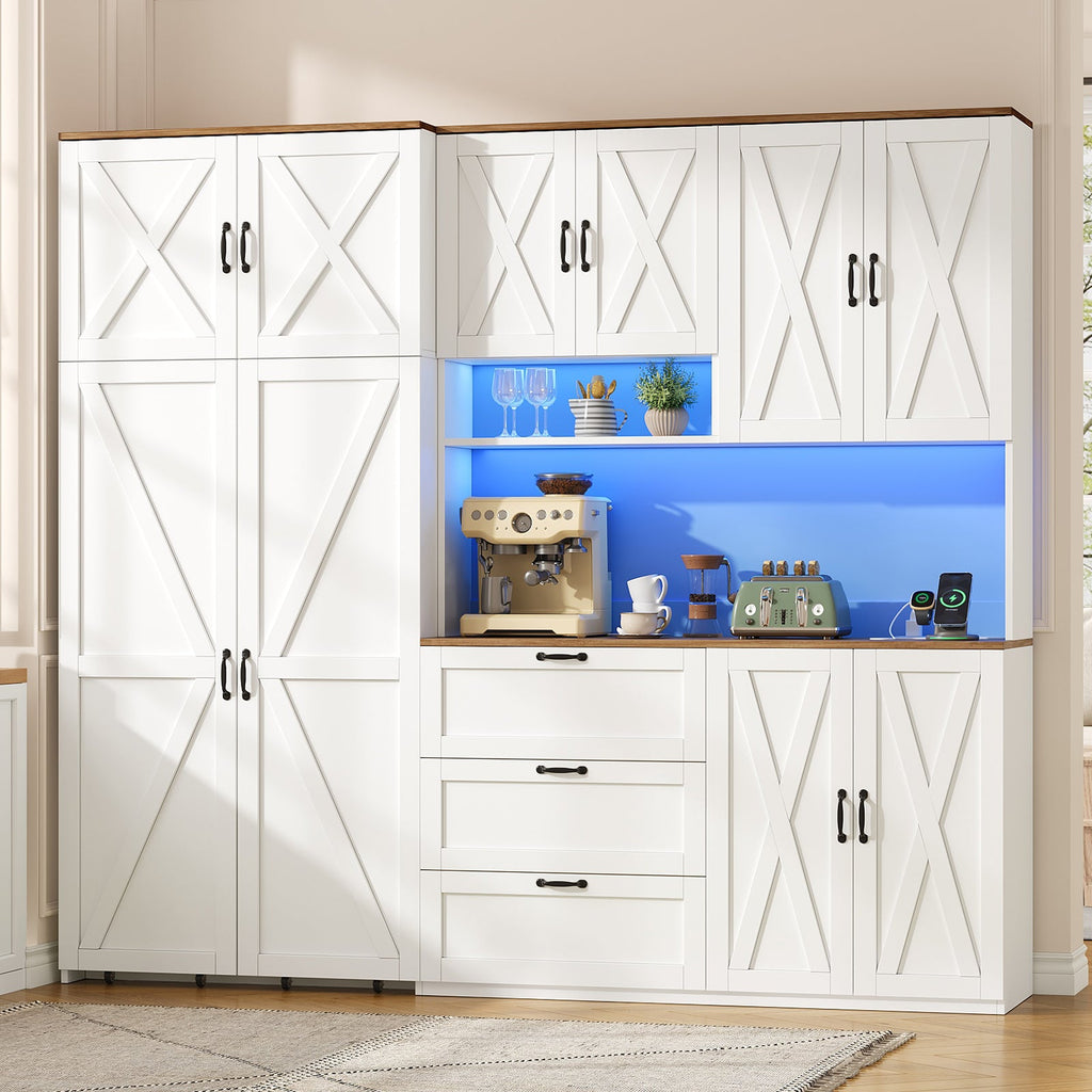 70" Farmhouse Coffee Bar Cabinet with Charging Station, LED Lights, Pull-Out Tray, Storage Cart, Drawers & Adjustable Shelves, White - YanosakuUS-SC030-WE
