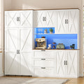70" Farmhouse Coffee Bar Cabinet with Charging Station, LED Lights, Pull-Out Tray, Storage Cart, Drawers & Adjustable Shelves, White - YanosakuUS-SC030-WE