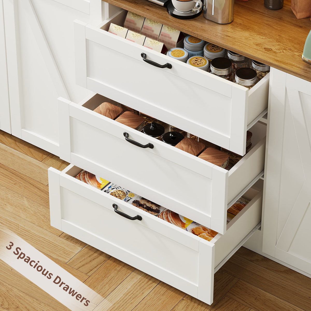 70" Farmhouse Coffee Bar Cabinet with Charging Station, LED Lights, Pull-Out Tray, Storage Cart, Drawers & Adjustable Shelves, White - YanosakuUS-SC030-WE