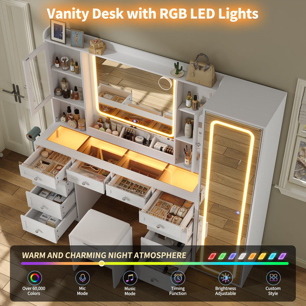 70.9" White Makeup Vanity Desk with LED & Full-Length Mirrors, RGB Lights, 10 Drawers, 2 Cabinets, Glass Top & Stool - YanosakuUS-VD049-WE