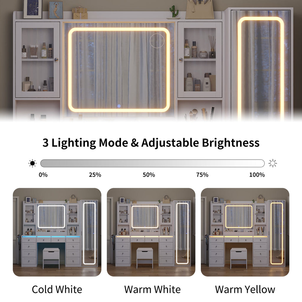 70.9" White Makeup Vanity Desk with LED & Full-Length Mirrors, RGB Lights, 10 Drawers, 2 Cabinets, Glass Top & Stool - YanosakuUS-VD049-WE