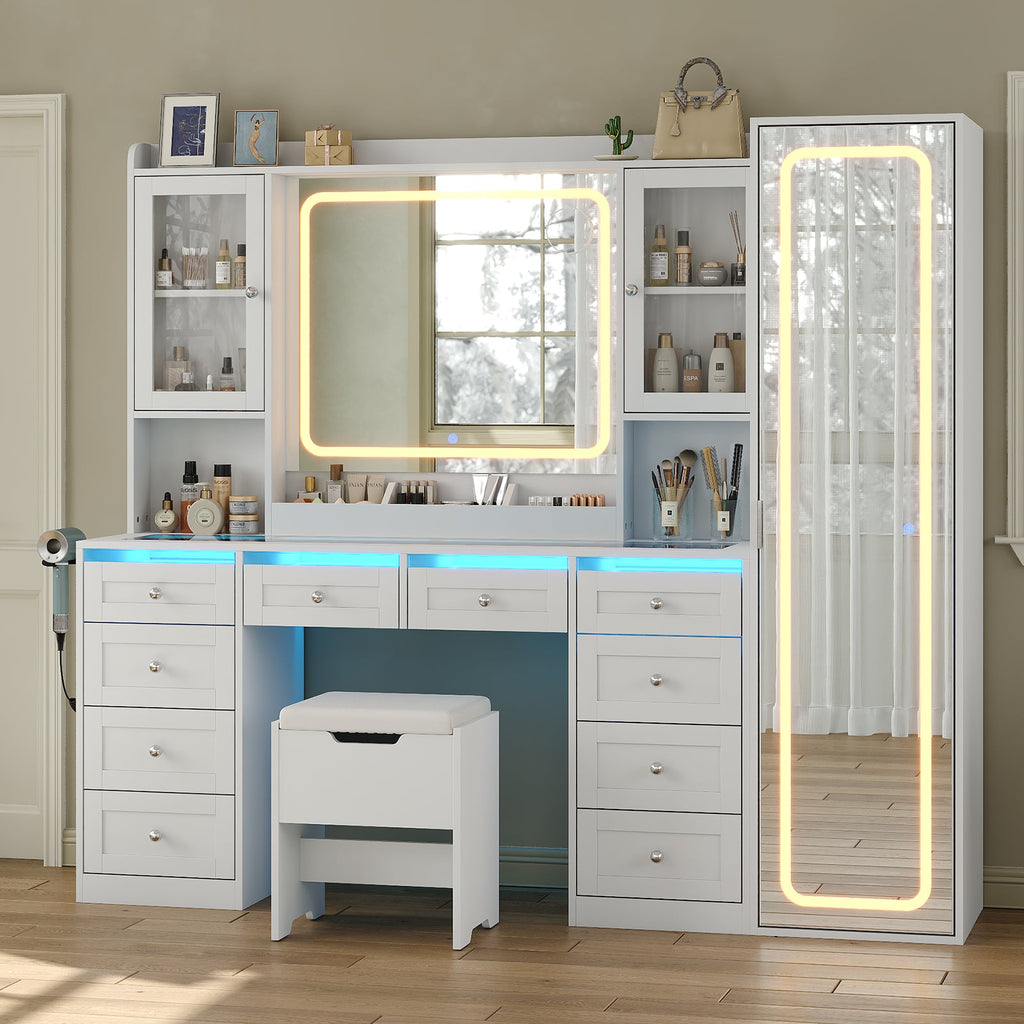 70.9" White Makeup Vanity Desk with LED & Full-Length Mirrors, RGB Lights, 10 Drawers, 2 Cabinets, Glass Top & Stool - YanosakuUS-VD049-WE