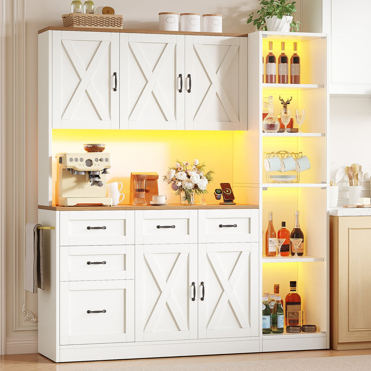 71" Farmhouse Kitchen Pantry Cabinet with Charging Station, LED Lights, Pull-Out Tray, Drawers and Adjustable Shelves, Tall Kitchen Storage Hutch, White - YanosakuUS-SC027-WE