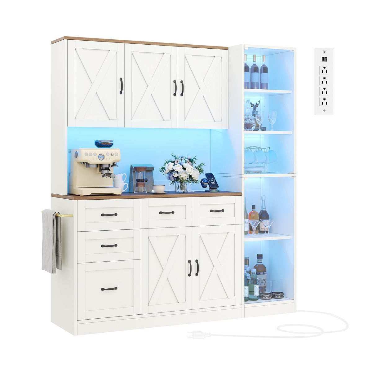 71" Farmhouse Kitchen Pantry Cabinet with Charging Station, LED Lights, Pull-Out Tray, Drawers and Adjustable Shelves, Tall Kitchen Storage Hutch, White - YanosakuUS-SC027-WE