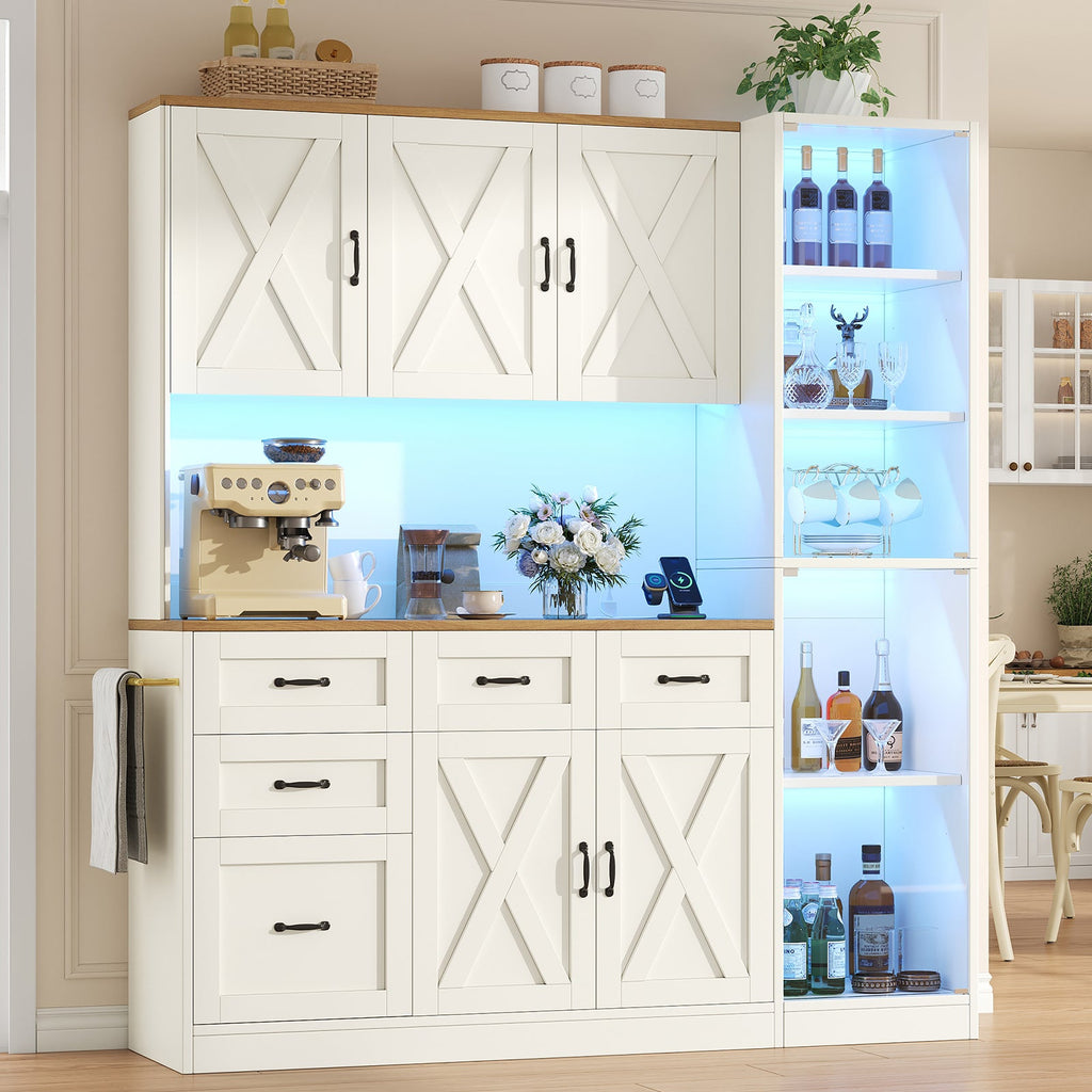71" Farmhouse Kitchen Pantry Cabinet with Charging Station, LED Lights, Pull-Out Tray, Drawers and Adjustable Shelves, Tall Kitchen Storage Hutch, White - YanosakuUS-SC027-WE