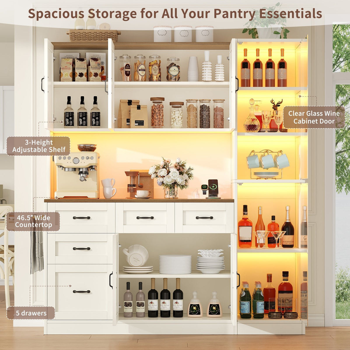 71" Farmhouse Kitchen Pantry Cabinet with Charging Station, LED Lights, Pull-Out Tray, Drawers and Adjustable Shelves, Tall Kitchen Storage Hutch, White - YanosakuUS-SC027-WE