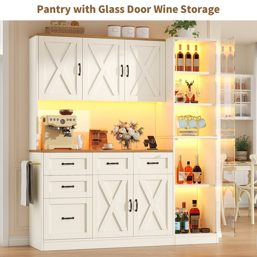 71" Farmhouse Kitchen Pantry Cabinet with Charging Station, LED Lights, Pull-Out Tray, Drawers and Adjustable Shelves, Tall Kitchen Storage Hutch, White - YanosakuUS-SC027-WE