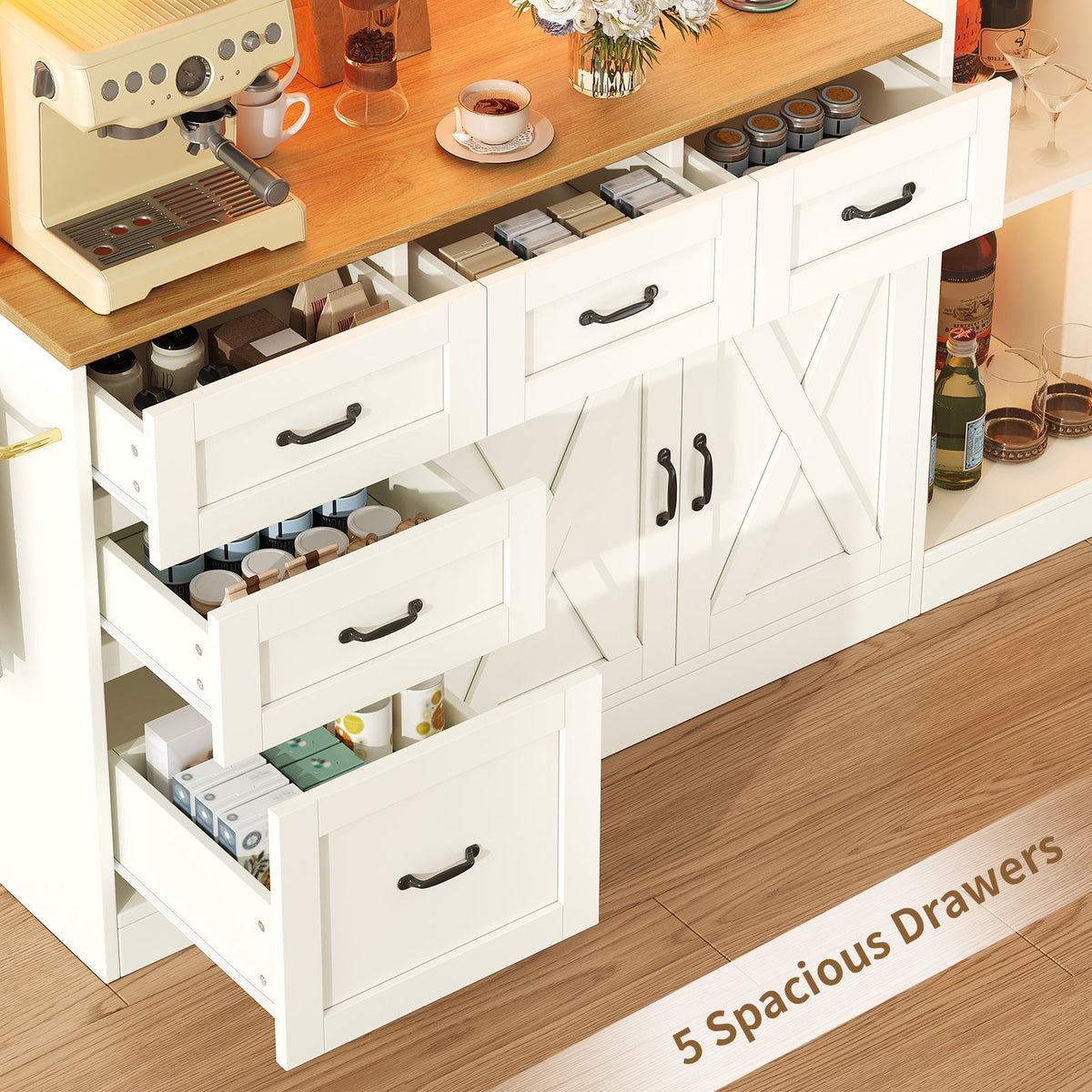 71" Farmhouse Kitchen Pantry Cabinet with Charging Station, LED Lights, Pull-Out Tray, Drawers and Adjustable Shelves, Tall Kitchen Storage Hutch, White - YanosakuUS-SC027-WE