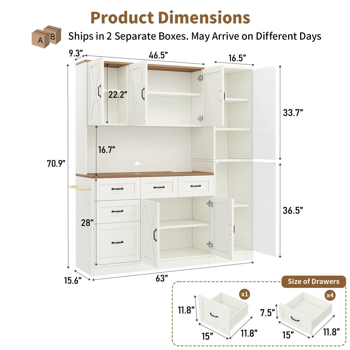 71" Farmhouse Kitchen Pantry Cabinet with Charging Station, LED Lights, Pull-Out Tray, Drawers and Adjustable Shelves, Tall Kitchen Storage Hutch, White - YanosakuUS-SC027-WE