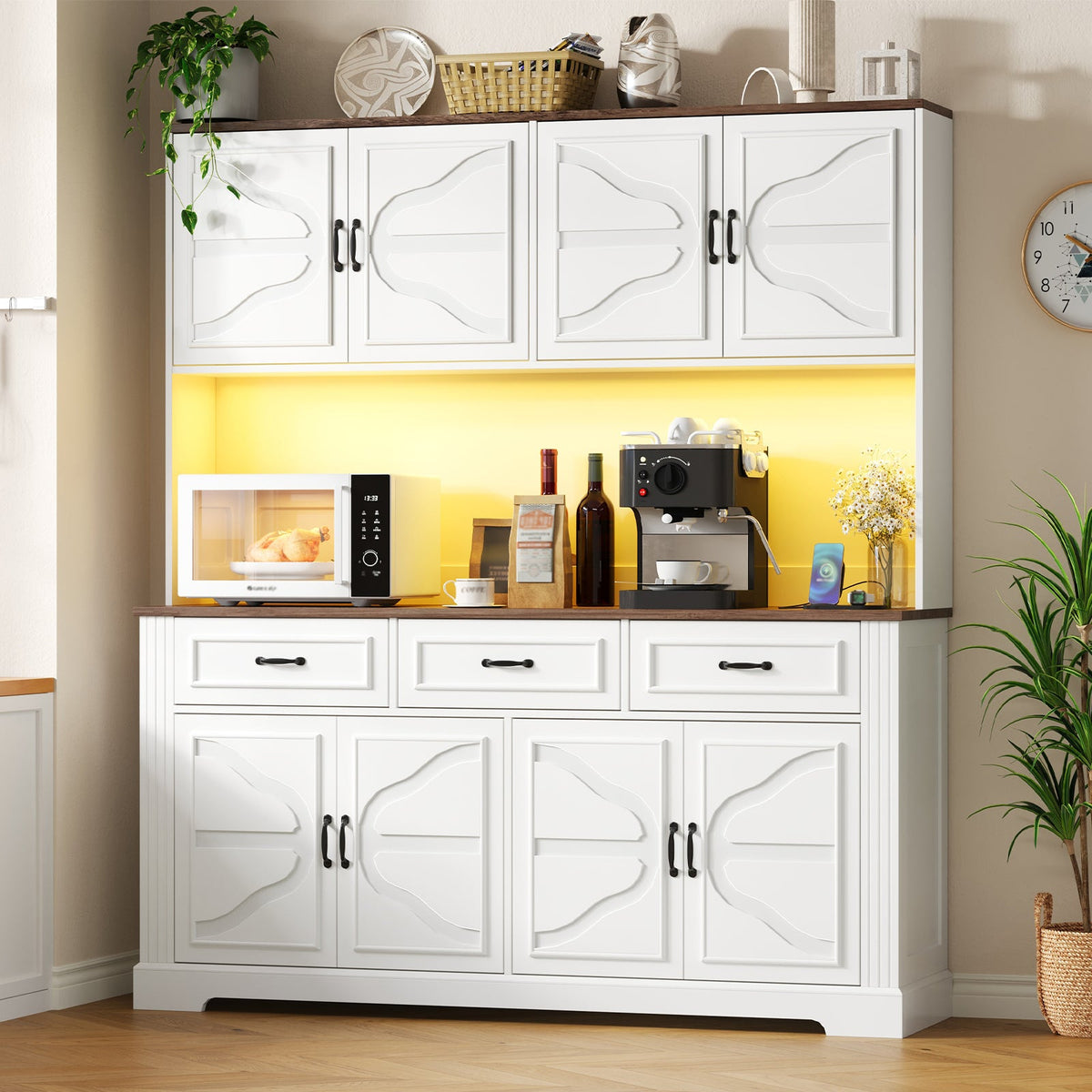71" Kitchen Pantry Cabinet with Charging Station and LED Lights, Tall Kitchen Hutch with 4 Cabinets, 3 Drawers and Adjustable Shelves, Microwave Stand, White - YanosakuUS-SC029-WE