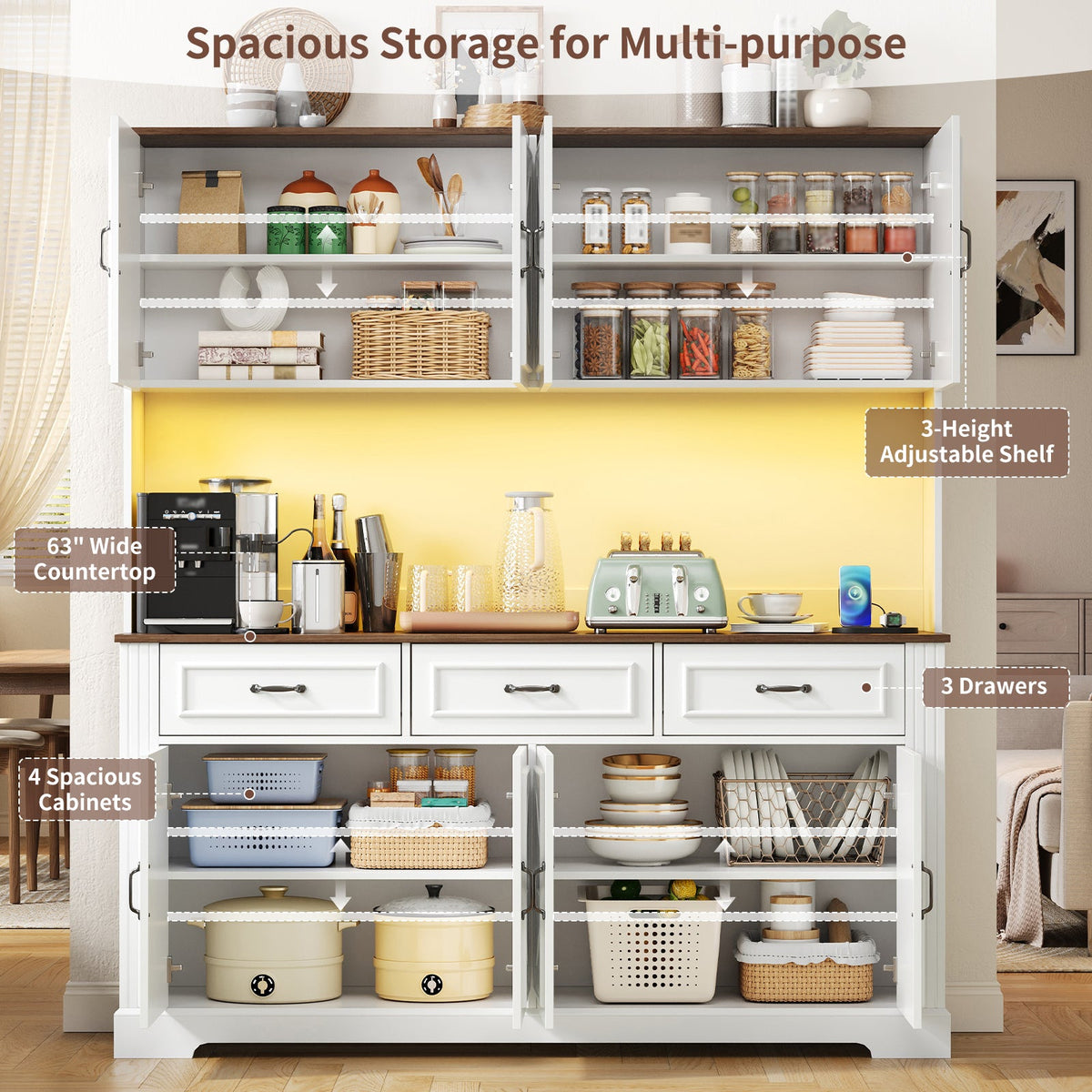 71" Kitchen Pantry Cabinet with Charging Station and LED Lights, Tall Kitchen Hutch with 4 Cabinets, 3 Drawers and Adjustable Shelves, Microwave Stand, White - YanosakuUS-SC029-WE