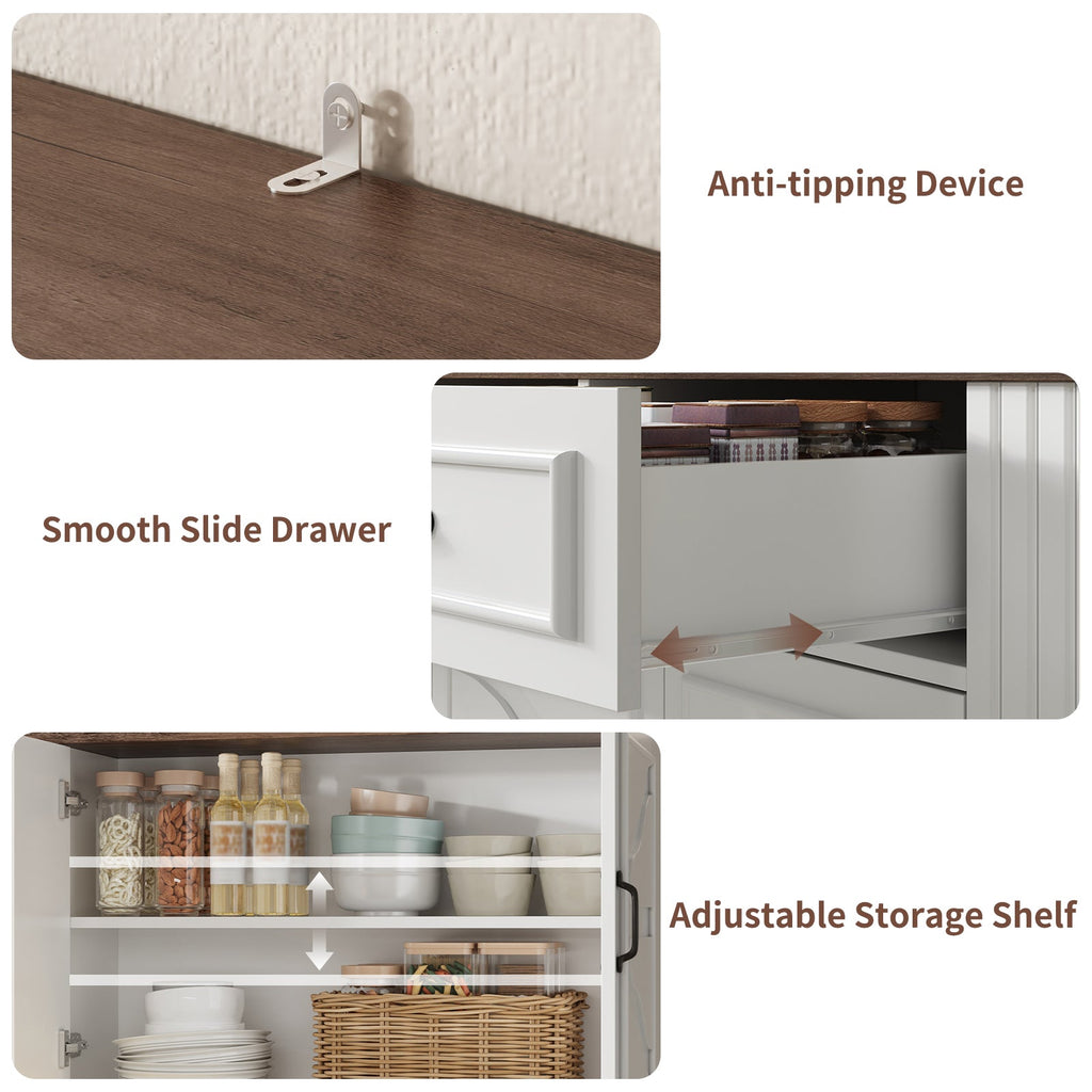 71" Kitchen Pantry Cabinet with Charging Station and LED Lights, Tall Kitchen Hutch with 4 Cabinets, 3 Drawers and Adjustable Shelves, Microwave Stand, White - YanosakuUS-SC029-WE