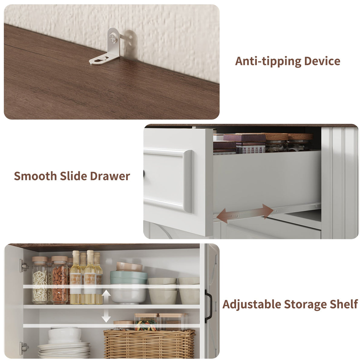 71" Kitchen Pantry Cabinet with Charging Station and LED Lights, Tall Kitchen Hutch with 4 Cabinets, 3 Drawers and Adjustable Shelves, Microwave Stand, White - YanosakuUS-SC029-WE