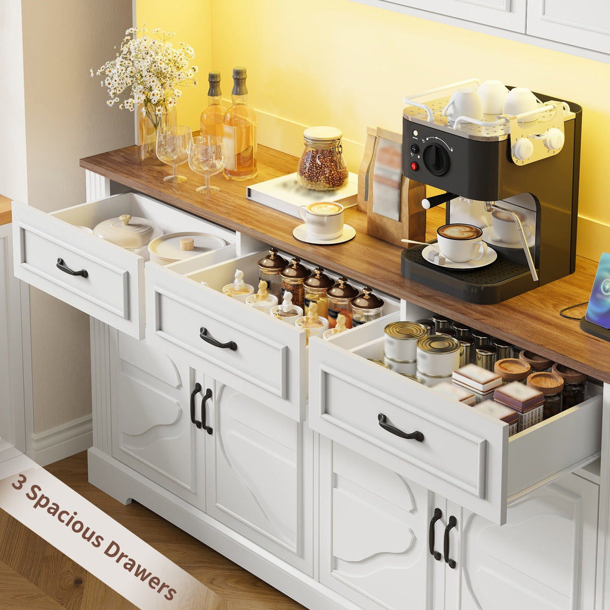 71" Kitchen Pantry Cabinet with Charging Station and LED Lights, Tall Kitchen Hutch with 4 Cabinets, 3 Drawers and Adjustable Shelves, Microwave Stand, White - YanosakuUS-SC029-WE