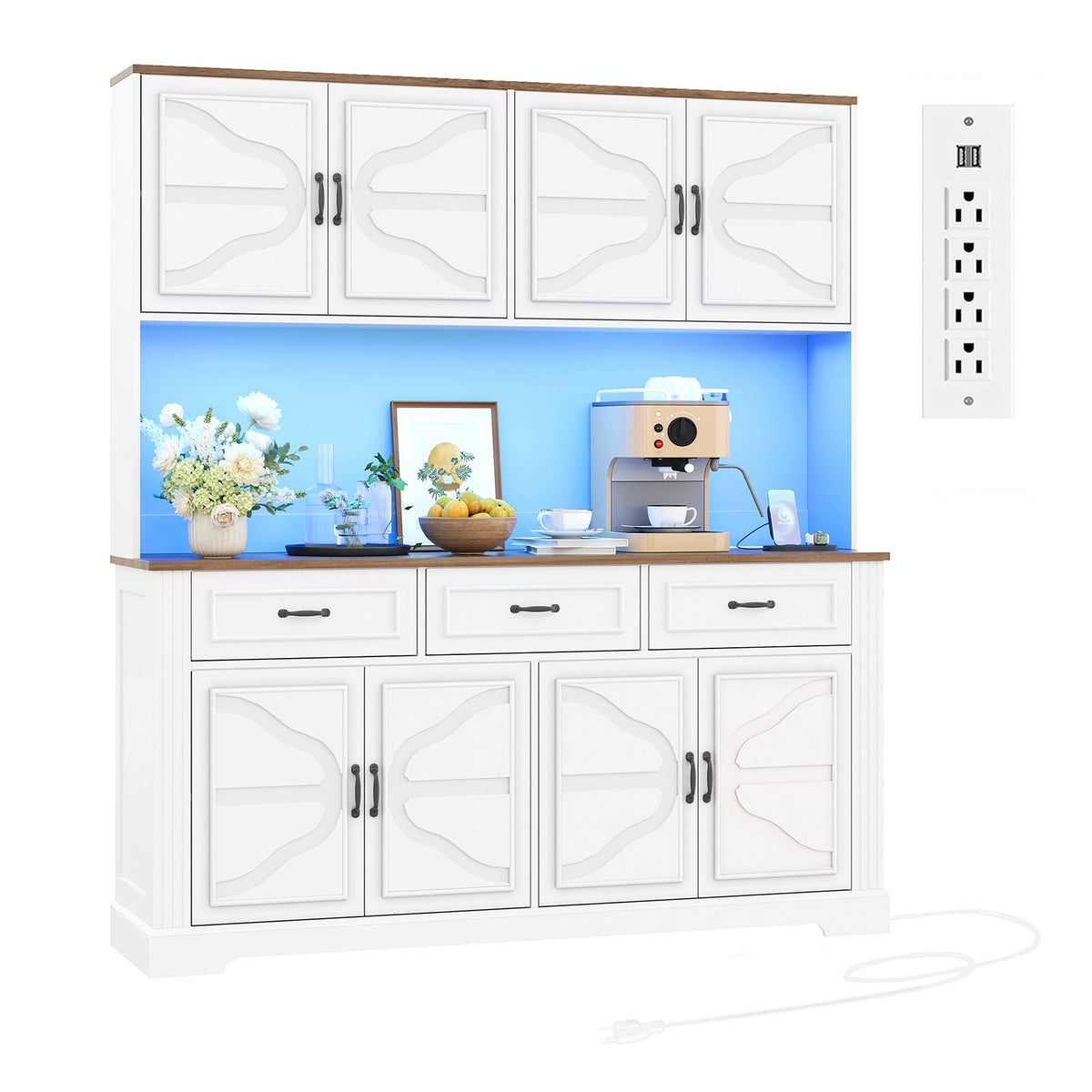 71" Kitchen Pantry Cabinet with Charging Station and LED Lights, Tall Kitchen Hutch with 4 Cabinets, 3 Drawers and Adjustable Shelves, Microwave Stand, White - YanosakuUS-SC029-WE