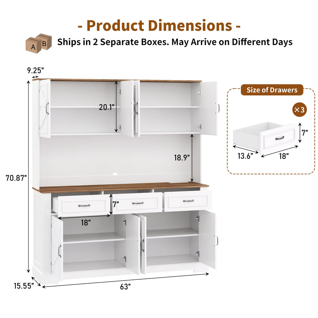 71" Kitchen Pantry Cabinet with Charging Station and LED Lights, Tall Kitchen Hutch with 4 Cabinets, 3 Drawers and Adjustable Shelves, Microwave Stand, White - YanosakuUS-SC029-WE